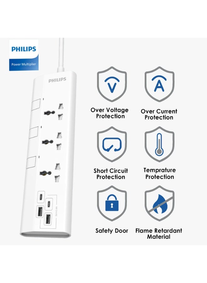 فيليبس كابل تمديد طاقة عالمي 3-طرق مع مفاتيح فردية، 1.5م كابل ثقيل 3x1mm²، 4 منافذ USB (2 USB-C + 2 USB-A)، حماية من التحميل الزائد 2500W، فيوز 10A، حماية مقاومة للحريق حتى 750°C، معتمد من ESMA، قابس بريطاني – مثالي للمنزل والمكتب – أبيض - Image 3