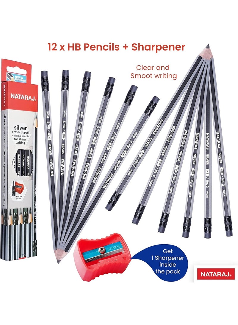 ناتاراج أقلام رصاص ناتاراج الفضية HB مع ممحاة ومبراة، 12 قطعة - Image 2