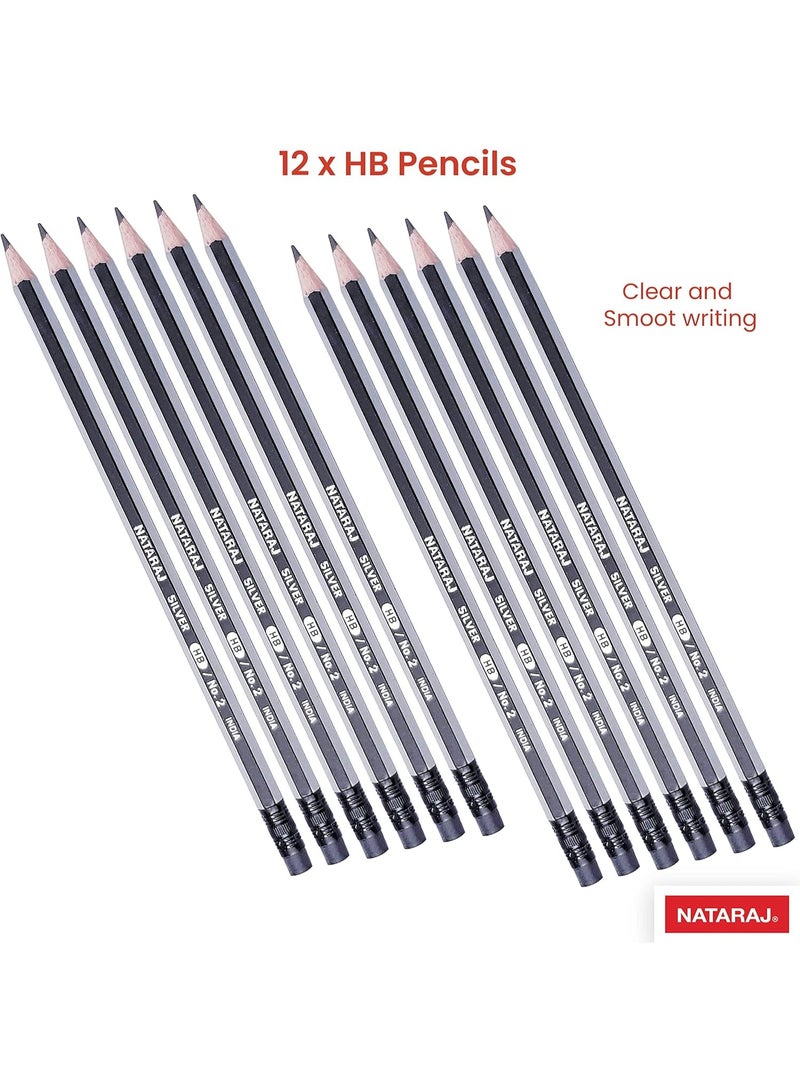 ناتاراج أقلام رصاص ناتاراج الفضية HB مع ممحاة ومبراة، 12 قطعة - Image 3