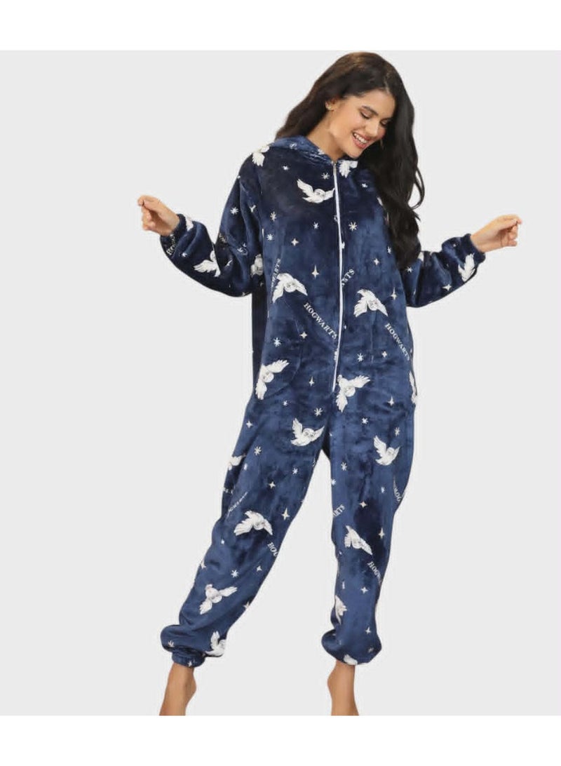 Fleece women printed jumpsuit in navy blue color - Image 1