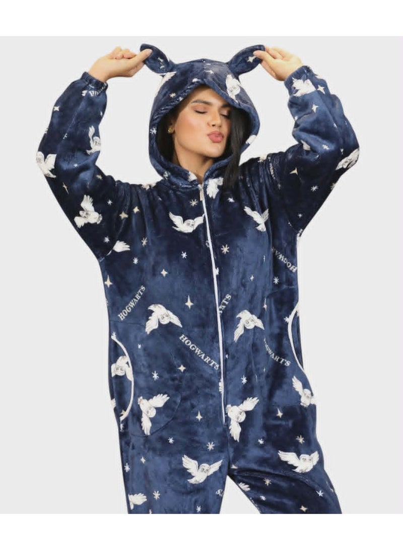 Fleece women printed jumpsuit in navy blue color - Image 2