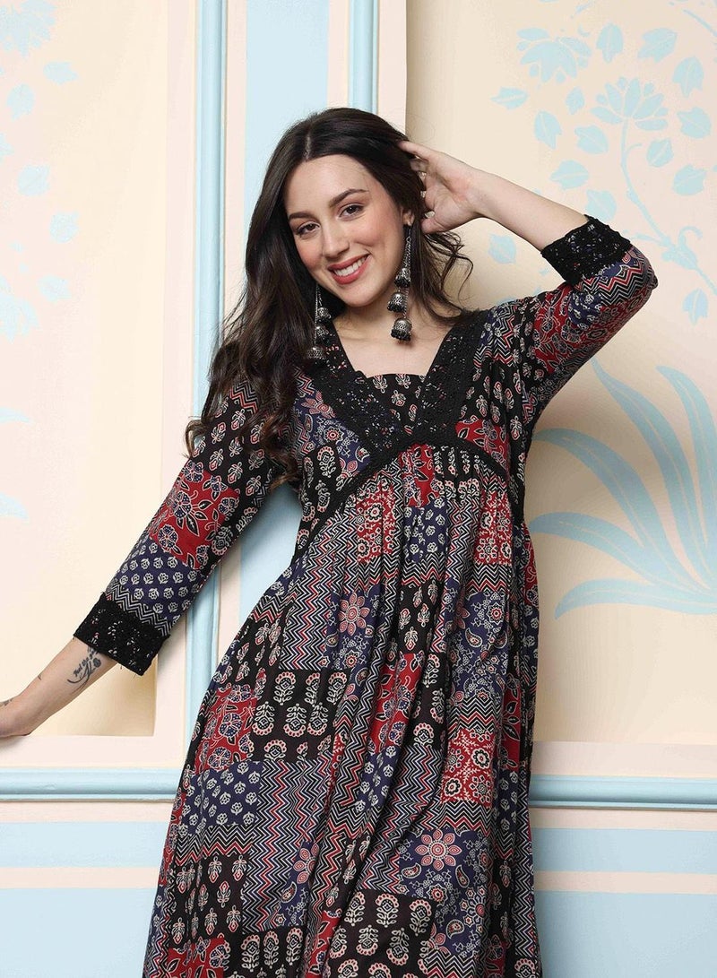 ISHIN Women'S Black 100% Cotton Self Design Full Length Palazzo Kurta Set - Image 1