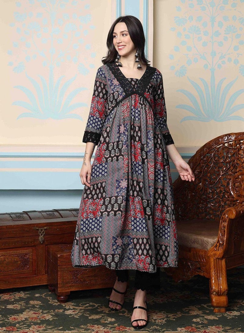 ISHIN Women'S Black 100% Cotton Self Design Full Length Palazzo Kurta Set - Image 2