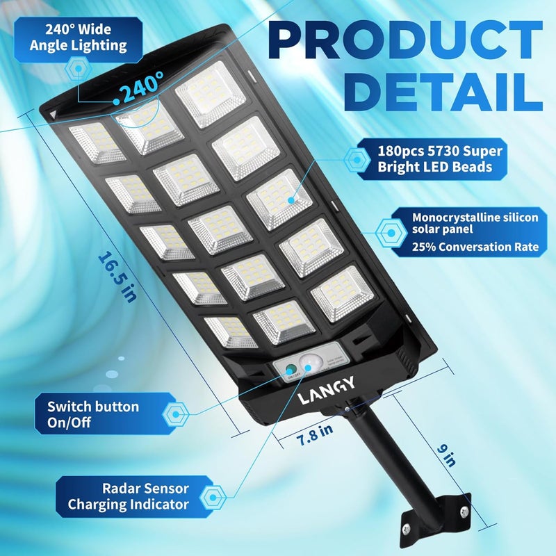 LANGY Solar Lights Outdoor Waterproof, 6500K Dusk to Dawn Solar Street Lights Outdoor Motion Sensor with Remote Control, LED Security Light for Outside Garden Yard Parking Lot, Oudoor Flood Lights, 2 Pack - Image 2