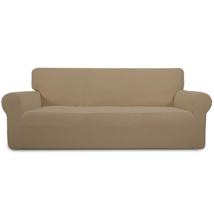 EASYGOING STRETCH SOFA SLIPCOVER 1PIECE SOFA COVER FURNITURE PROTECTOR COUCH SOFT WITH ELASTIC BOTTOM FOR KIDS POLYESTER SPANDEX JACQUARD FABRIC SMALL CHECKS SOFA TAN