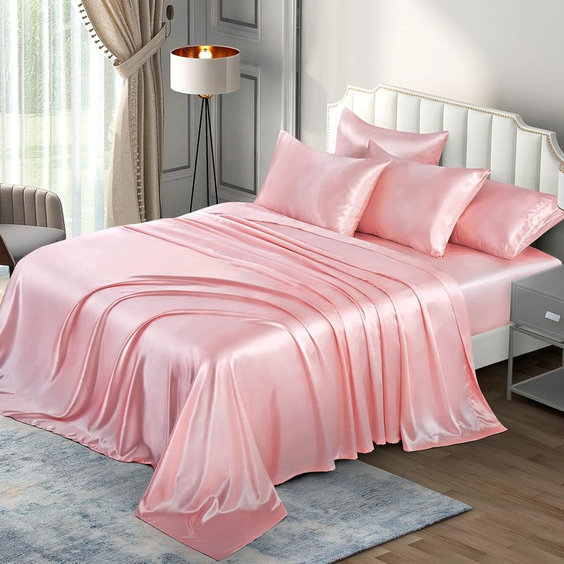 P Pothuiny 6 Pieces Full Satin Sheets Luxury Silky Blush Pink Satin Bedding Sheet Set, 1 Deep Pocket Fitted Sheet + 1 Flat Sheet + 4 Pillow Cases - Image 2