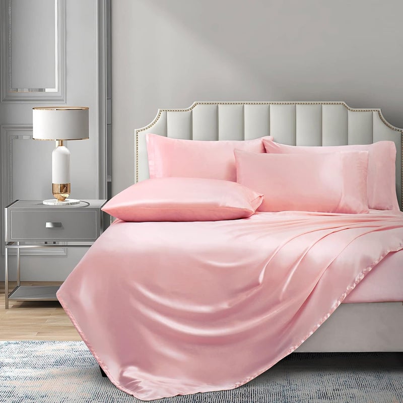 P Pothuiny 6 Pieces Full Satin Sheets Luxury Silky Blush Pink Satin Bedding Sheet Set, 1 Deep Pocket Fitted Sheet + 1 Flat Sheet + 4 Pillow Cases - Image 3