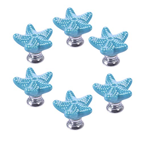 ZILucky Starfish Ceramic Drawer Pulls Handles for Nursery Dresser Cupboard Wardrobe Cabinet Kitchen Beach Ocean Theme Knobs Pack of 6 (Blue) - Image 1