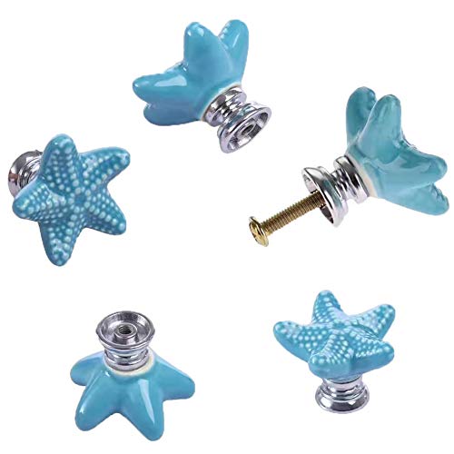ZILucky Starfish Ceramic Drawer Pulls Handles for Nursery Dresser Cupboard Wardrobe Cabinet Kitchen Beach Ocean Theme Knobs Pack of 6 (Blue) - Image 2