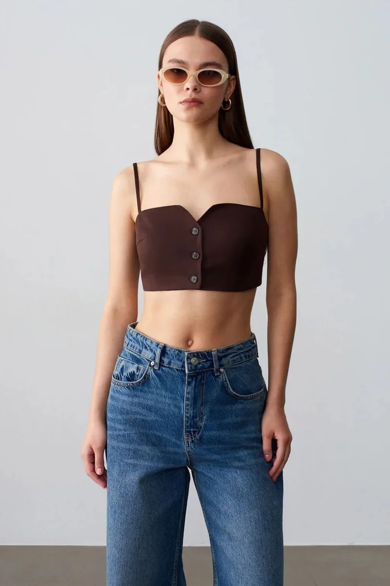 Dilvin Dark Mocha Brown DILVIN Women’s Cropped Fitted Tencel Waistcoat for Women | Best Price UAE