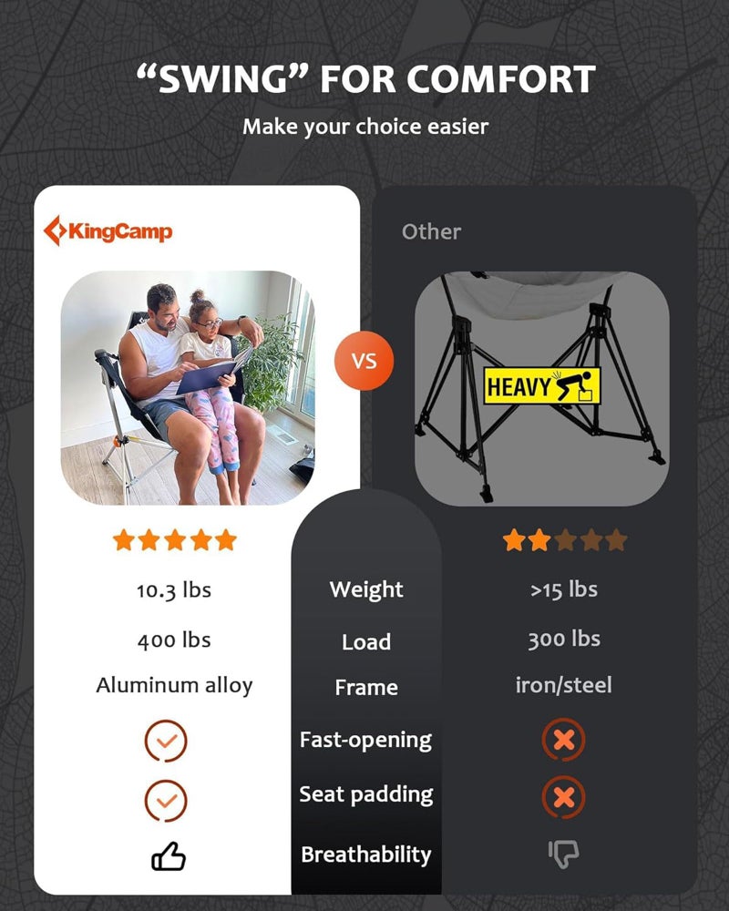 KingCamp Hammock Camping Chair, Swinging Portable Folding Camp Chairs for Adults Max 400lbs Heavy Duty Foldable Oversized Rocker with Aluminum Alloy Frame Cup Holder for Outdoor Beach Patio Sport - Image 5