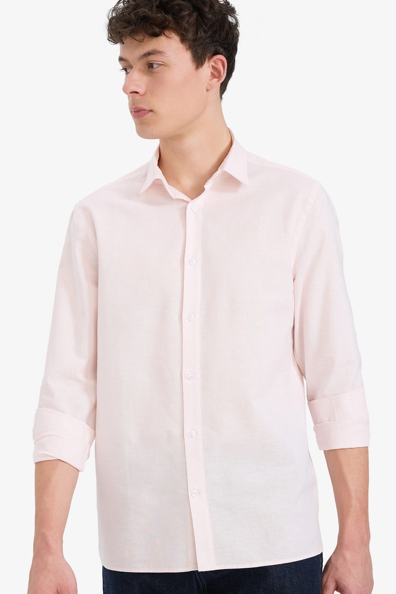 ديفاكتو قميص كتان صيفي كم طويل قصة عادية وياقة بولو - Image 1