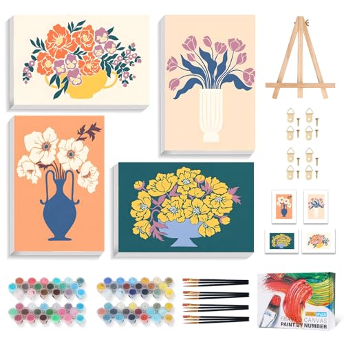 Okarina 4 Pack Paint by Numbers Kit for Adults with Frame Flowers, Framed Paint by Number for Adults Beginner with Wooden Easel, Floral Vase DIY Painting by Numbers Canvas Framed for Home Decor 8 x 12 Inch - Image 1