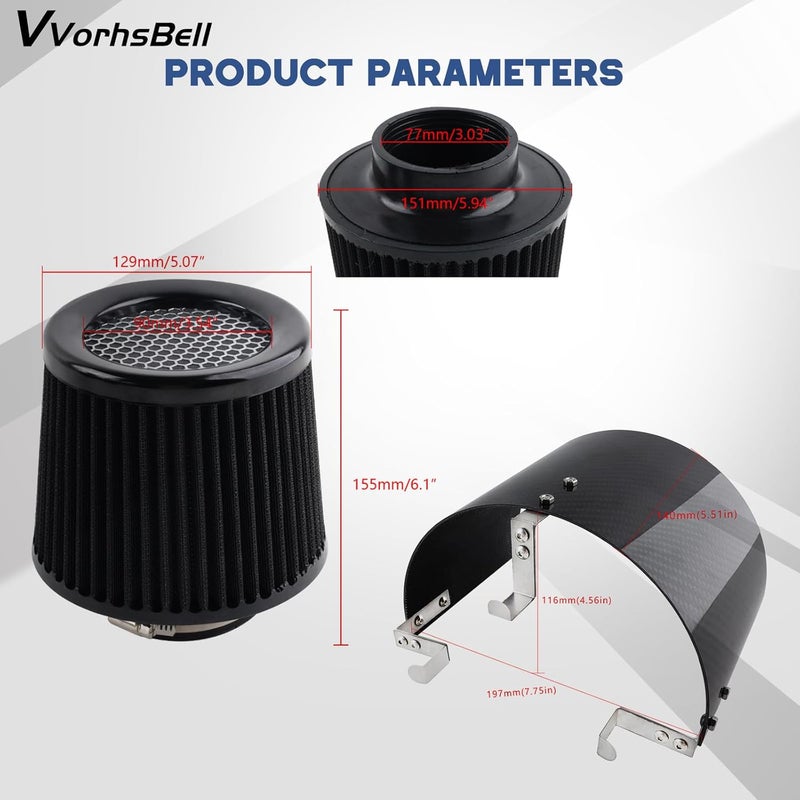VVORHSBELL درع حراري عالمي لفلتر الهواء لأقماع 2.5-3.5 بوصة وطقم فلتر مخروطي قابل للغسل 3 بوصة، غطاء سحب عالي التدفق للسيارات والدراجات النارية (76 مم) - Image 2