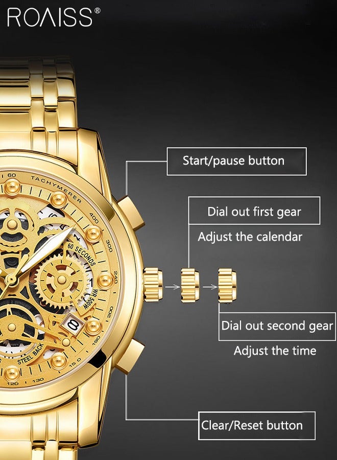 roaiss Men's Stainless Steel Strap Quartz Watch, Analog Display Round Gold Dial Chronograph Watch with Hollow-carved Design, Waterproof Luminous Watch as Gift for Men - Image 4
