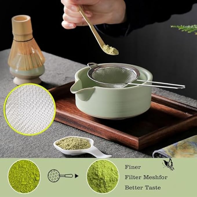 FDTY مجموعة خفاقة ماتشا من 7 قطع، تشاوان فاخر مع فوهة، خفاقة من الخيزران، منخل من الفولاذ المقاوم للصدأ، أدوات حفل شاي ياباني كاملة مع حاملات سيراميك، حامل مغرفة، مجموعة بداية مثالية للاتيه - Image 4