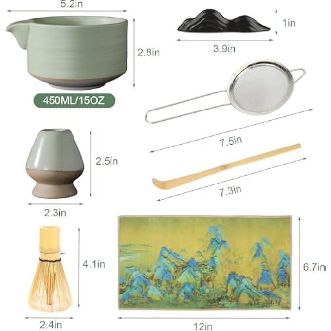 FDTY مجموعة خفاقة ماتشا من 7 قطع، تشاوان فاخر مع فوهة، خفاقة من الخيزران، منخل من الفولاذ المقاوم للصدأ، أدوات حفل شاي ياباني كاملة مع حاملات سيراميك، حامل مغرفة، مجموعة بداية مثالية للاتيه - Image 3