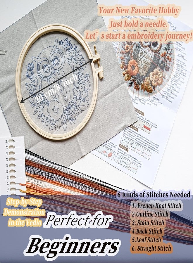 FONNUY Embroidery Kit for Beginners, Owl Flowers Pre-Stamped Pattern Kits for Adults with Hoop, Easy to Follow Color Thread Needlework, 8'' Hoop (Blue) - Image 5