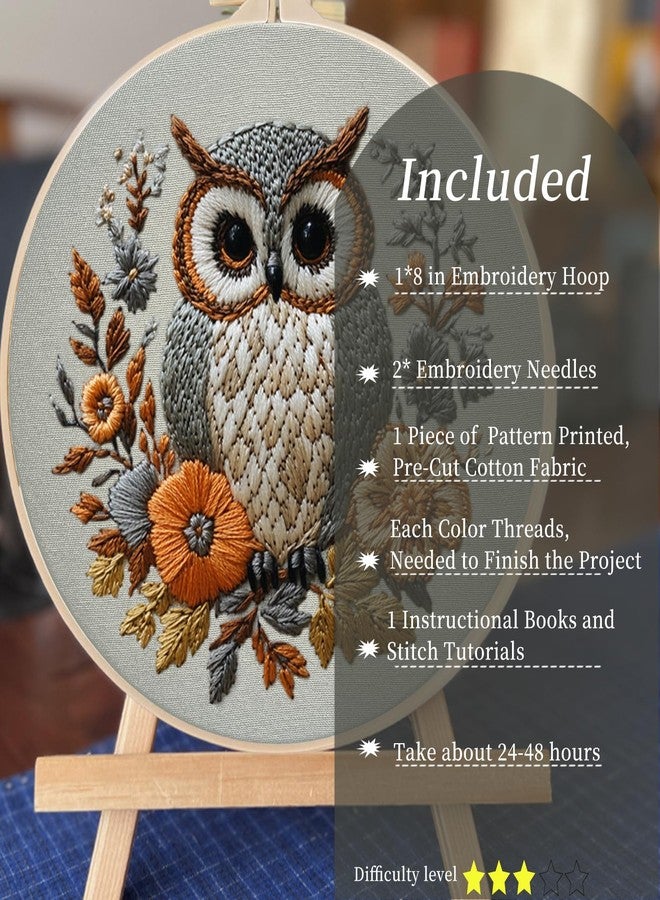 FONNUY Embroidery Kit for Beginners, Owl Flowers Pre-Stamped Pattern Kits for Adults with Hoop, Easy to Follow Color Thread Needlework, 8'' Hoop (Blue) - Image 2
