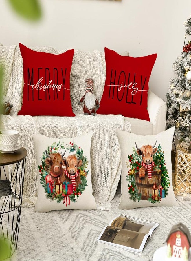RABUSOFA Christmas Pillow Covers 18x18 Inch Set of 4 Highland Cow Merry Christmas Decorations Red Christmas Throw Pillow Cases Xmas Outdoor Christmas Decor Winter Decorative Pillows for Couch Holiday - Image 5