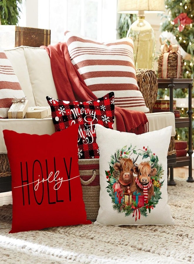 RABUSOFA Christmas Pillow Covers 18x18 Inch Set of 4 Highland Cow Merry Christmas Decorations Red Christmas Throw Pillow Cases Xmas Outdoor Christmas Decor Winter Decorative Pillows for Couch Holiday - Image 3