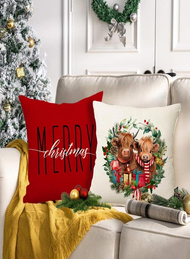 RABUSOFA Christmas Pillow Covers 18x18 Inch Set of 4 Highland Cow Merry Christmas Decorations Red Christmas Throw Pillow Cases Xmas Outdoor Christmas Decor Winter Decorative Pillows for Couch Holiday - Image 2