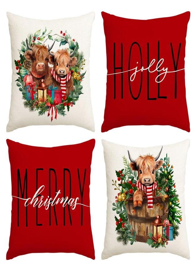 RABUSOFA Christmas Pillow Covers 18x18 Inch Set of 4 Highland Cow Merry Christmas Decorations Red Christmas Throw Pillow Cases Xmas Outdoor Christmas Decor Winter Decorative Pillows for Couch Holiday - Image 1