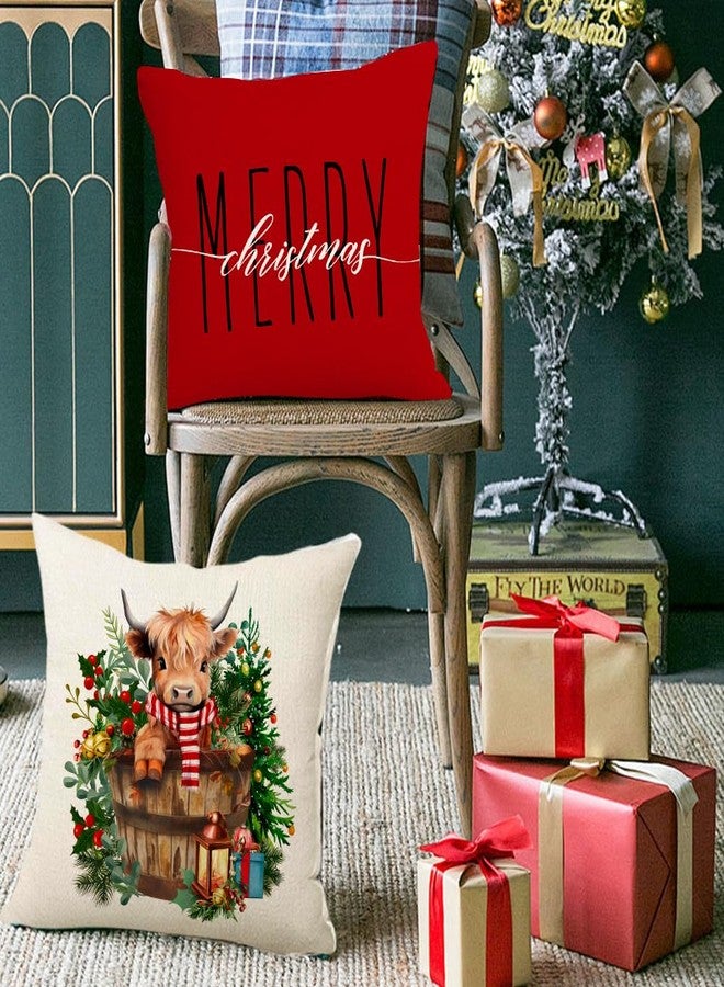 RABUSOFA Christmas Pillow Covers 18x18 Inch Set of 4 Highland Cow Merry Christmas Decorations Red Christmas Throw Pillow Cases Xmas Outdoor Christmas Decor Winter Decorative Pillows for Couch Holiday - Image 4