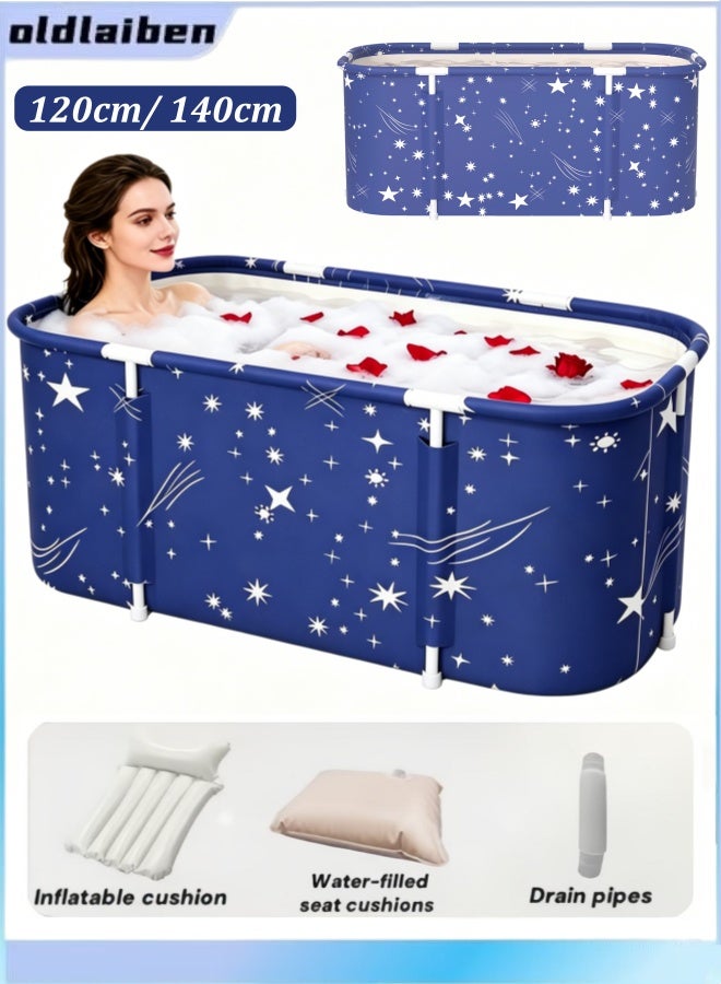 الدليبن حوض استحمام قابل للطي، 120/140 سم حوض استحمام كبير جدًا محمول متعدد الطبقات حوض استحمام ساخن سبا حوض استحمام قائم بذاته حوض استحمام سبا قابل للطي، كابينة دش، لحمام ساخن وبارد (أزرق) - Image 1