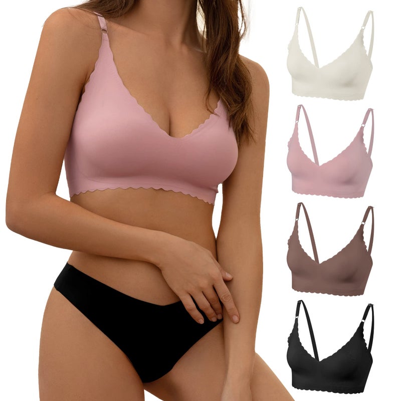DEANGELMON 4 Pieces V Neck Bralettes Padded Seamless Adjustable Straps Bra Everyday Basic Sleeping Bras (4P4,S) - Image 1