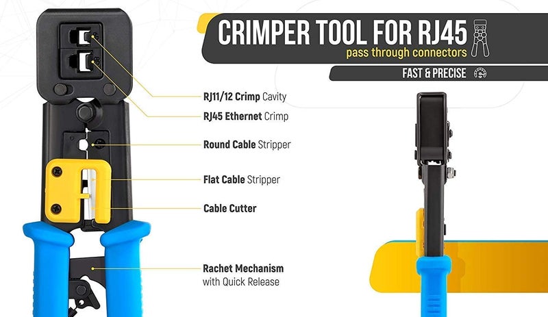 Seth Enterprises RJ45 Crimping Tool Pass Through | Ethernet Crimper for Cat7 Cat6 Cat5 | Crimp Cut Strip Tool for RJ11 RJ12 RJ45 Connectors, Network Cable Repair & Installation (Basic Crimping Tool) - Image 4