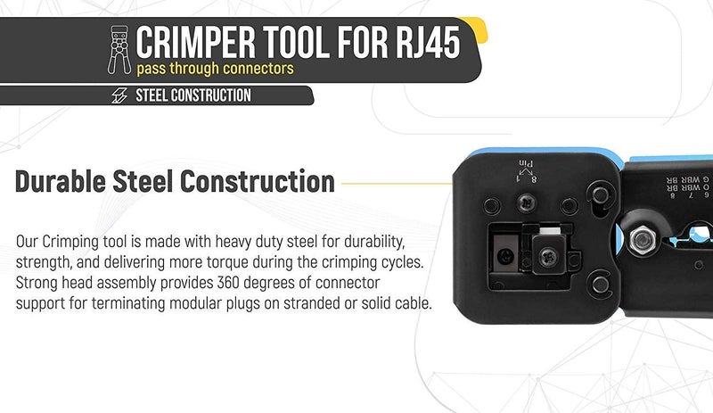 Seth Enterprises RJ45 Crimping Tool Pass Through | Ethernet Crimper for Cat7 Cat6 Cat5 | Crimp Cut Strip Tool for RJ11 RJ12 RJ45 Connectors, Network Cable Repair & Installation (Basic Crimping Tool) - Image 5