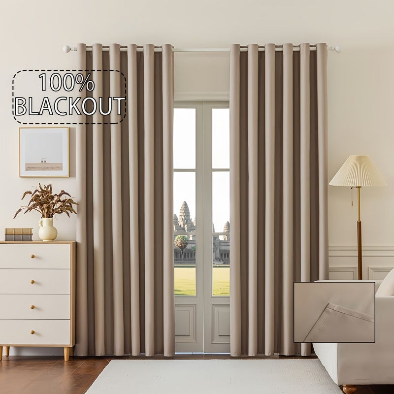 2pcs 100 Percent Light Blocking Thermal Insulated Curtain 74cm X 160cm Double Reinforced Blackout Drapes With Grommets For Bedroom Living Room Balcony - Image 1
