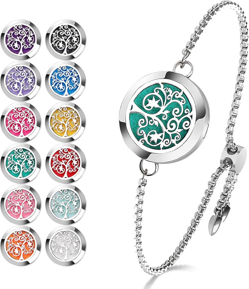 ttstar ttstar Essential Oil Diffuser Bracelet Stainless Steel Aromatherapy Locket Adjustable Diffuser Bracelet with 24pcs Refill Pads in 12 Colors Gift Set for Women Girls Mother's Day Christma(Tree of Hope) 