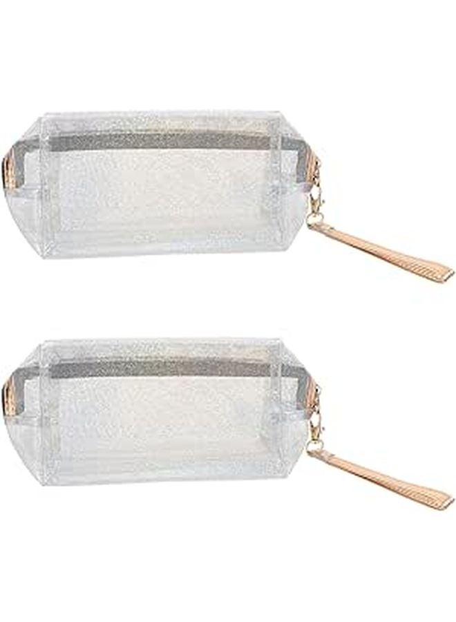 Glitter Makeup Bag 2 Pcs PVC Cosmetic Pouch Large Capacity Travel Toiletry Organizer Silver - Image 1