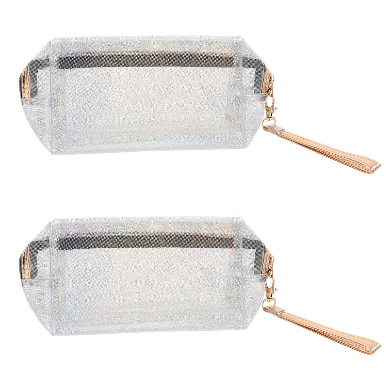 Glitter Makeup Bag 2 Pcs PVC Cosmetic Pouch Large Capacity Travel Toiletry Organizer Silver - Image 2