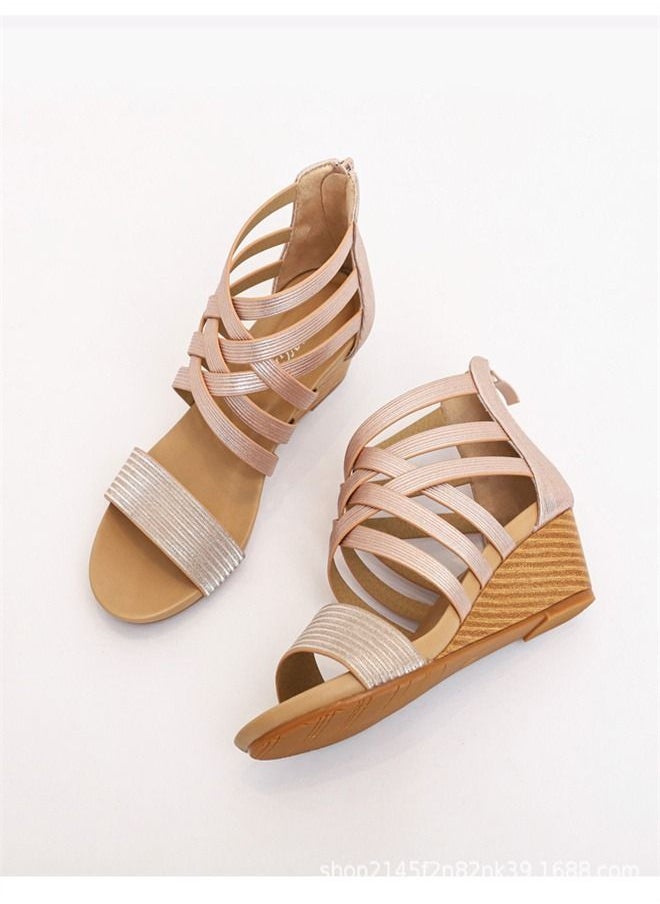 Loquat - National Style Wedge Heel Sandals 5CM Pink - Image 1