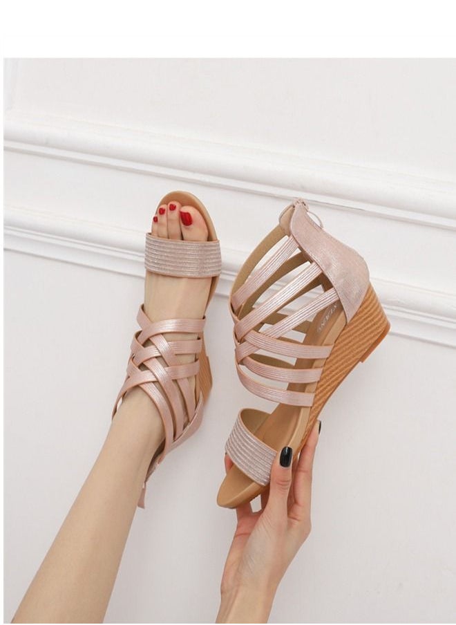 Loquat - National Style Wedge Heel Sandals 5CM Pink - Image 1