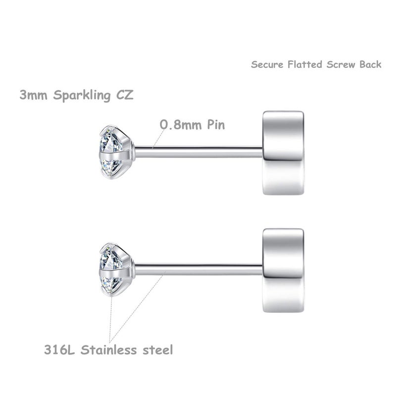 FOSIR 3mm Tiny Hypoallergenic Flat Back Earrings for Women Men Surgical Stainless Steel Stud Earrings Cubic Zirconia Studs Cartilage Earrings for Sensitive Ears Pack of 8 Pairs - Image 2
