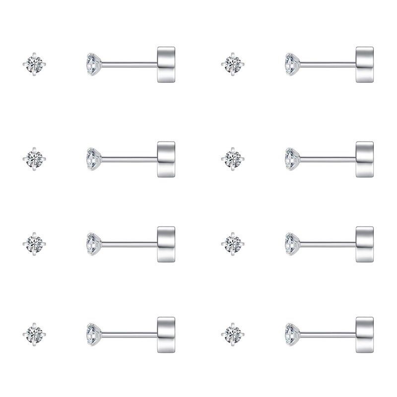 FOSIR 3mm Tiny Hypoallergenic Flat Back Earrings for Women Men Surgical Stainless Steel Stud Earrings Cubic Zirconia Studs Cartilage Earrings for Sensitive Ears Pack of 8 Pairs - Image 1