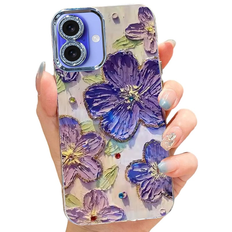 Elzzi حافظة متوافقة مع آيفون 16 بلس 3D ليزر زهور زيتية ملونة جميلة باللون الأزرق مع حماية كاملة للكاميرا مقاومة للصدمات غلاف لامع لفتاة وامرأة، بنفسجي - Image 1
