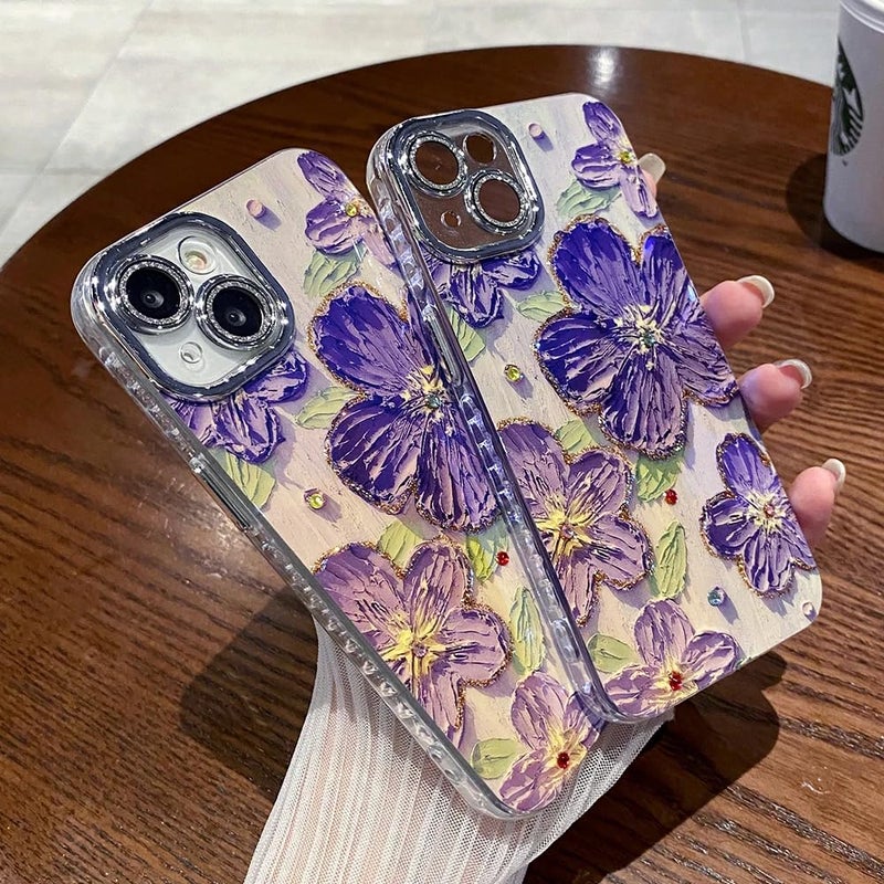 Elzzi حافظة متوافقة مع آيفون 16 بلس 3D ليزر زهور زيتية ملونة جميلة باللون الأزرق مع حماية كاملة للكاميرا مقاومة للصدمات غلاف لامع لفتاة وامرأة، بنفسجي - Image 5