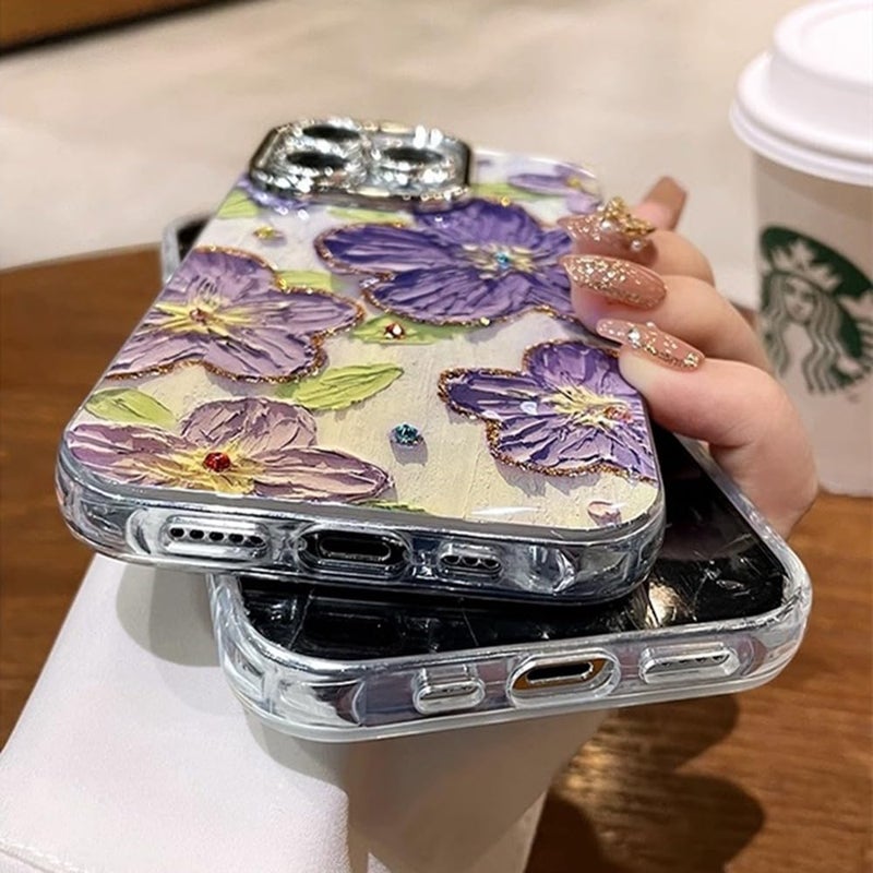 Elzzi حافظة متوافقة مع آيفون 16 بلس 3D ليزر زهور زيتية ملونة جميلة باللون الأزرق مع حماية كاملة للكاميرا مقاومة للصدمات غلاف لامع لفتاة وامرأة، بنفسجي - Image 4