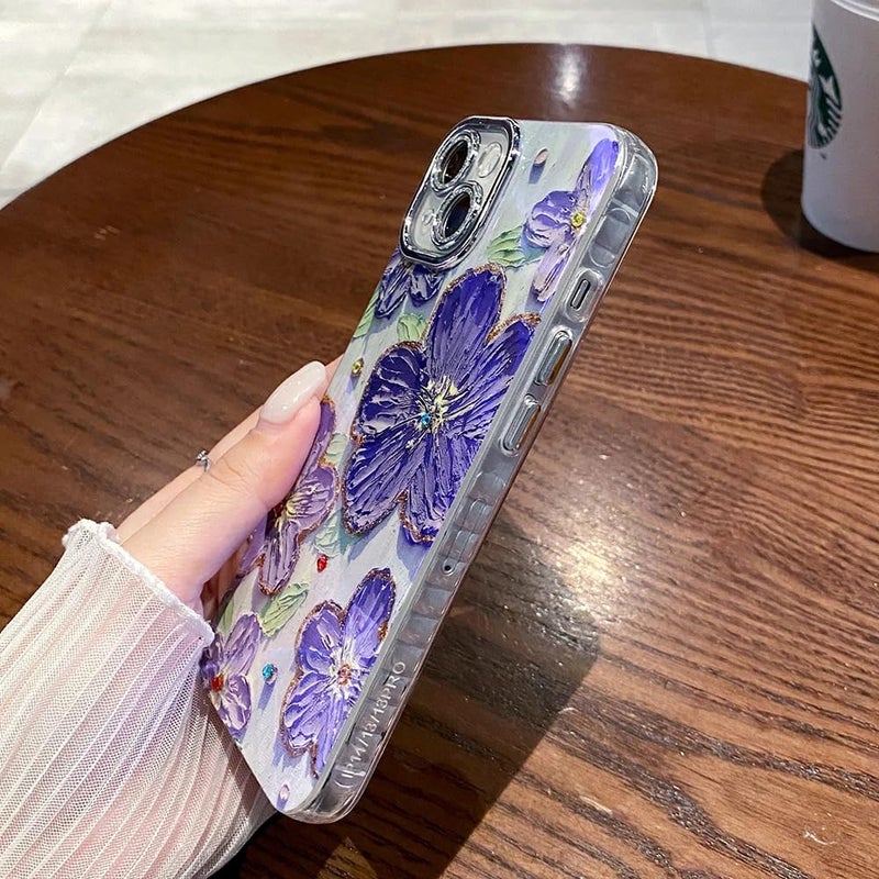Elzzi حافظة متوافقة مع آيفون 16 بلس 3D ليزر زهور زيتية ملونة جميلة باللون الأزرق مع حماية كاملة للكاميرا مقاومة للصدمات غلاف لامع لفتاة وامرأة، بنفسجي - Image 3