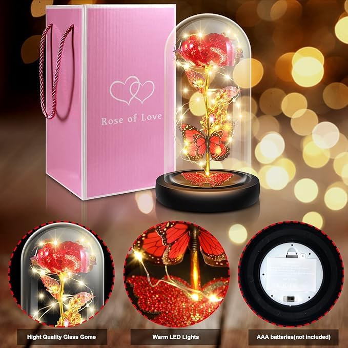 HVG TRADERS Forever Plastic Rose Galaxy Glass Rose Flower and Butterfly Colorful Led Light Great Gift Ideas for Birthday Gifts Eternal Crystal Light Up Rose for Mothers Day Anniversary - Image 5
