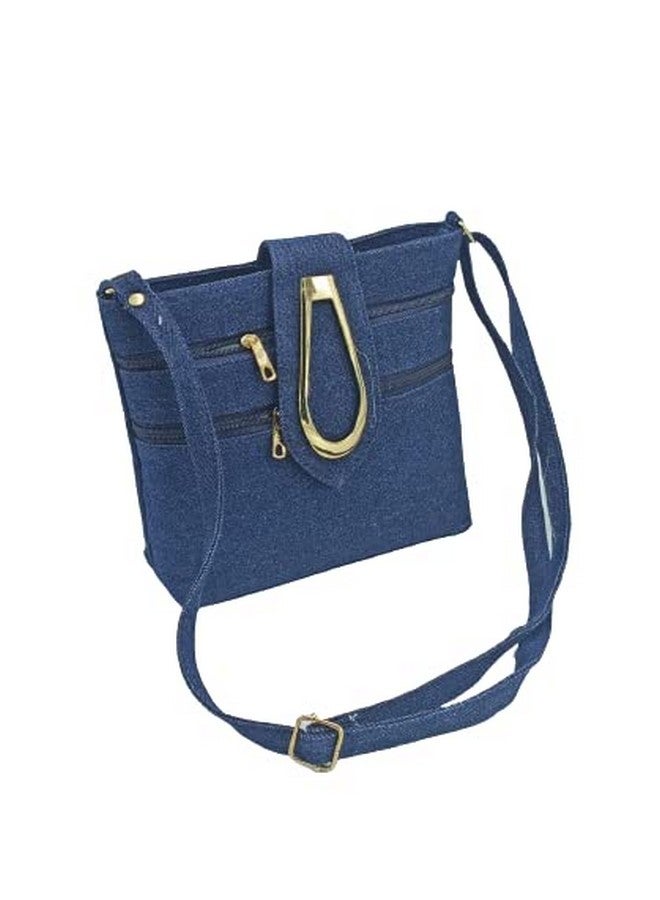 SHOPATHON INDIA Girl's Denim Golden Clip Lock Multi Pocket Jeans Sling Side Bag with Long Belt (Blue) - Image 1