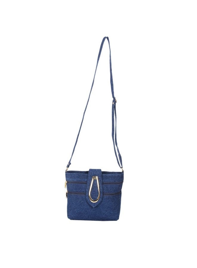 SHOPATHON INDIA Girl's Denim Golden Clip Lock Multi Pocket Jeans Sling Side Bag with Long Belt (Blue) - Image 2