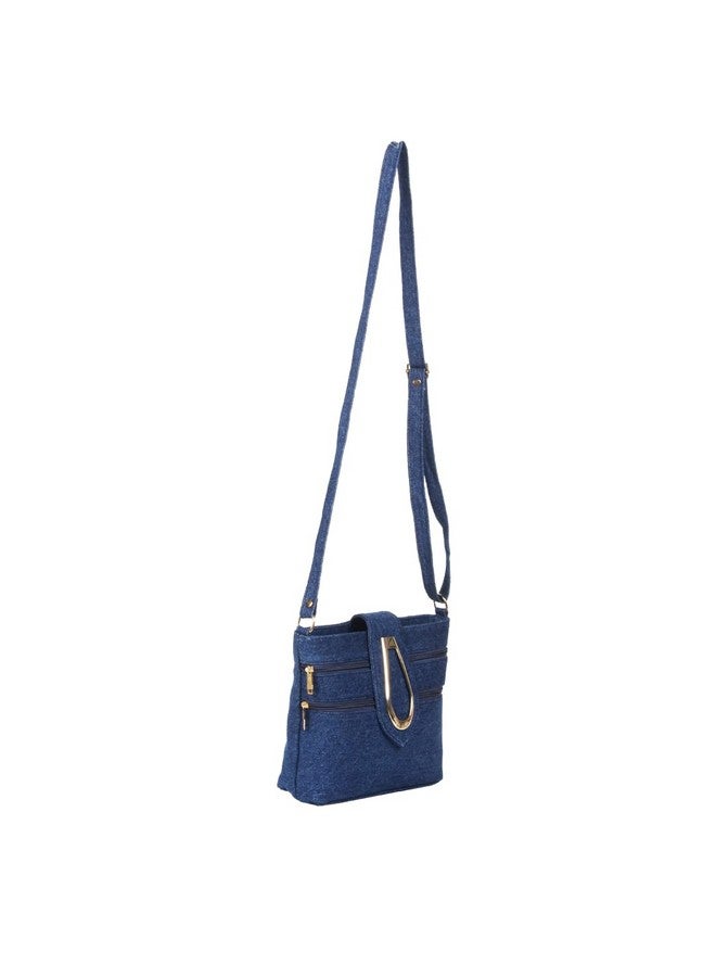SHOPATHON INDIA Girl's Denim Golden Clip Lock Multi Pocket Jeans Sling Side Bag with Long Belt (Blue) - Image 3