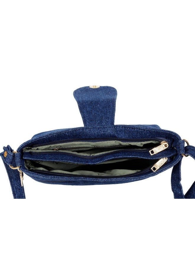 SHOPATHON INDIA Girl's Denim Golden Clip Lock Multi Pocket Jeans Sling Side Bag with Long Belt (Blue) - Image 4