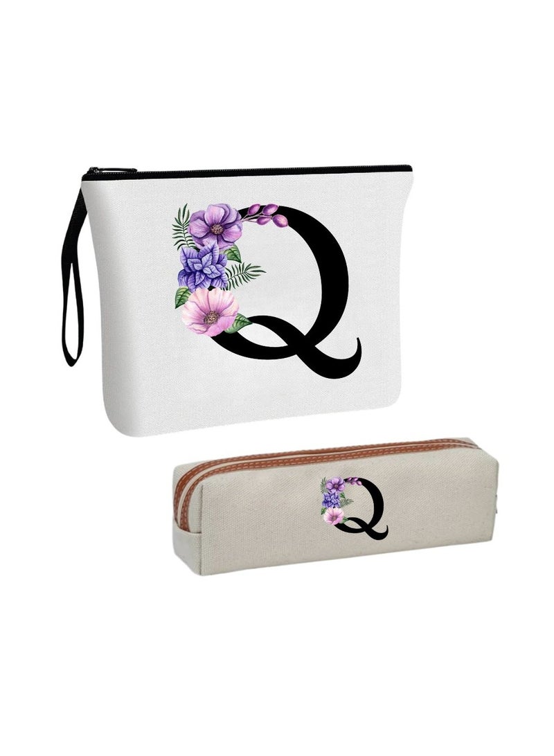 PRINTSHOP4ME Initial Monogram Cosmetic Bag And Floral Pencil Pouch-A-Z Letter Monogram Set For Girls&Women-Gift Set For Friends,Daughters Or Coworkers-Ideal For School,Work&Travel - Image 1